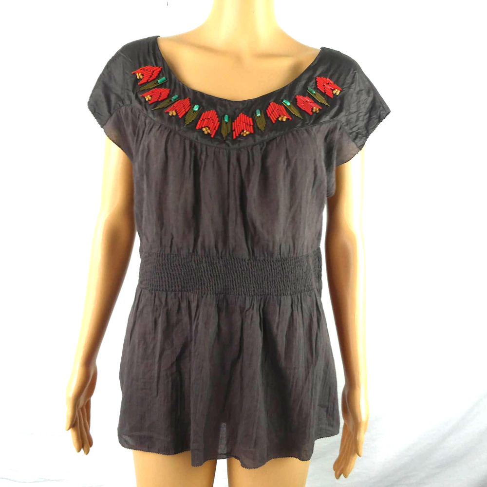 Anthropologie Charcoal Blouse with Red Accents